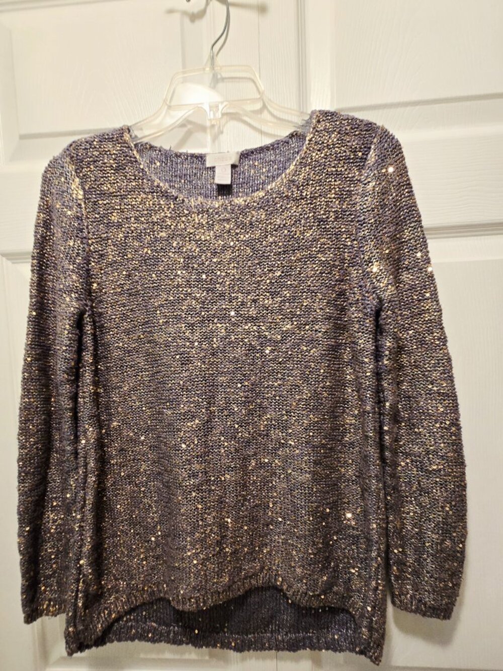 CHICO's Women's Grey/Gold Metallic Blend Long Sleeves Knit Sweater - Size O